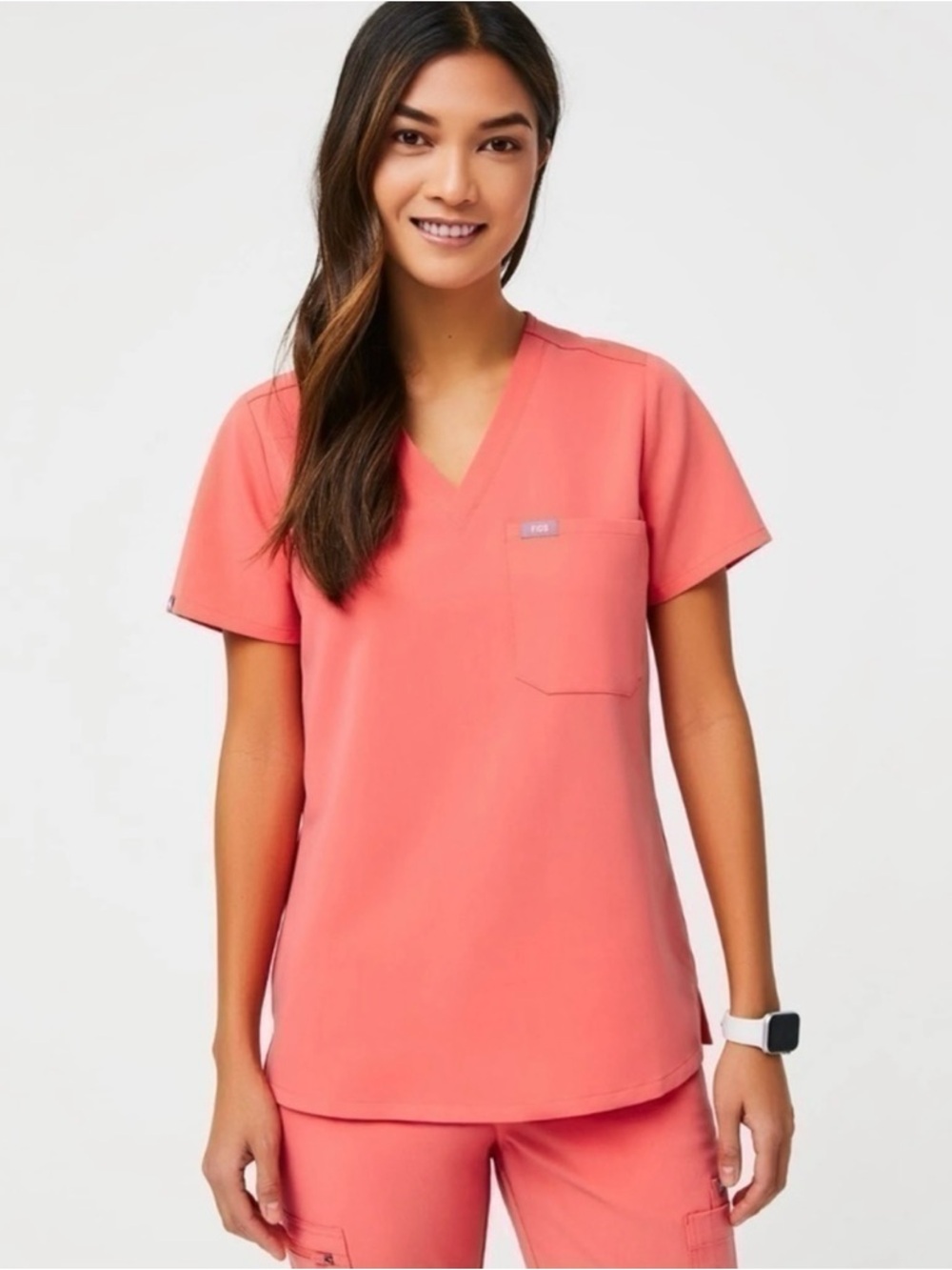 FIGS Catarina One Pocket Short Sleeve Scrub Top in Hot Coral Women’s XS